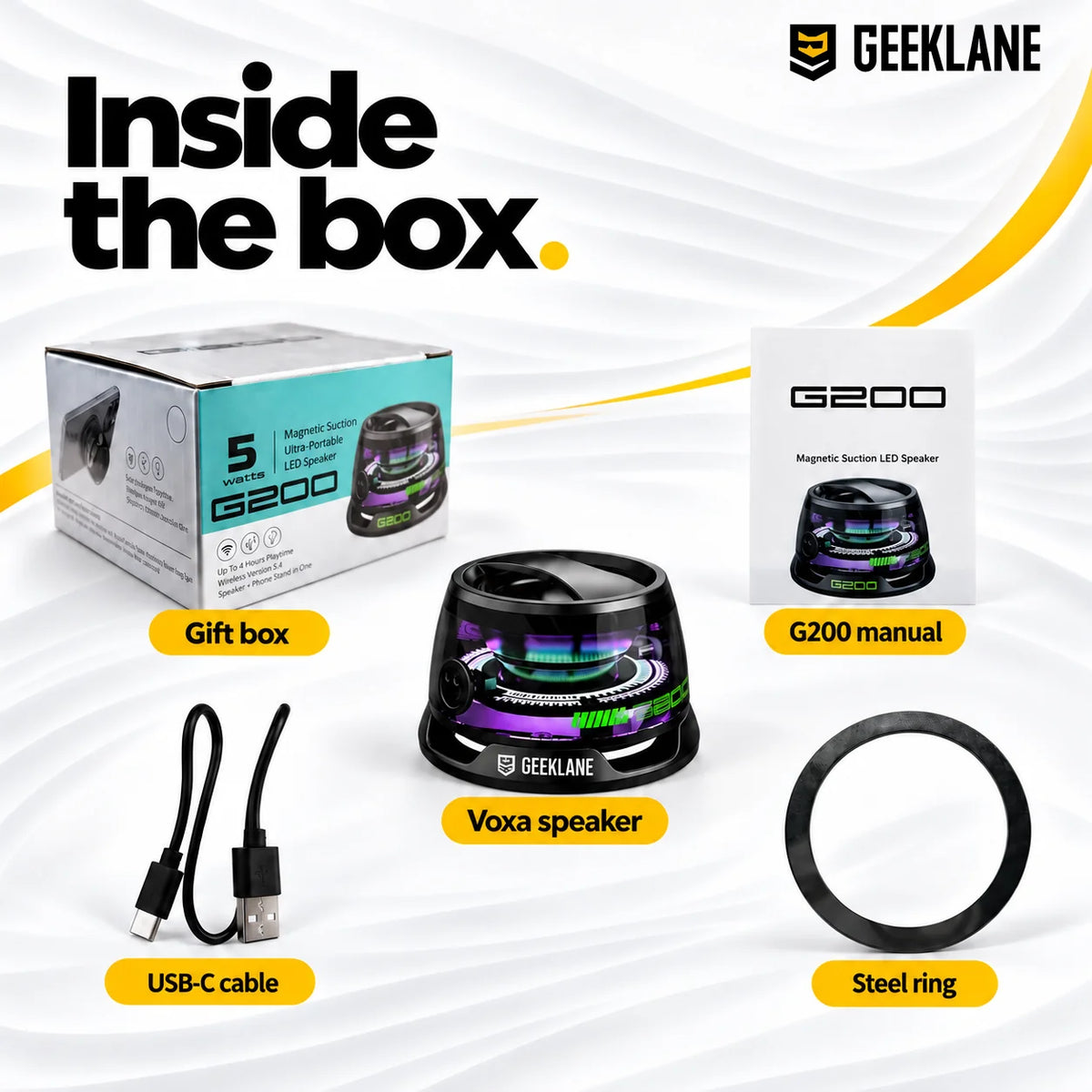 Voxa box contents shown: speaker, gift box, G200 manual, USB-C cable and steel ring.
