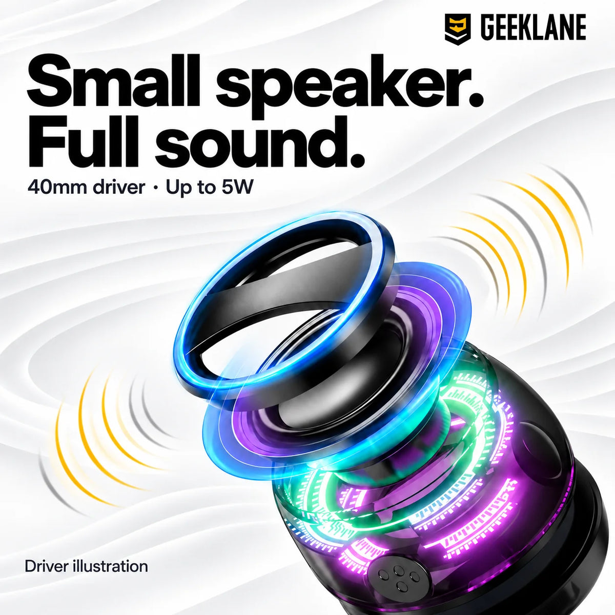 Voxa exploded driver illustration with sound-wave graphics and published 40mm driver and up-to-5W information.
