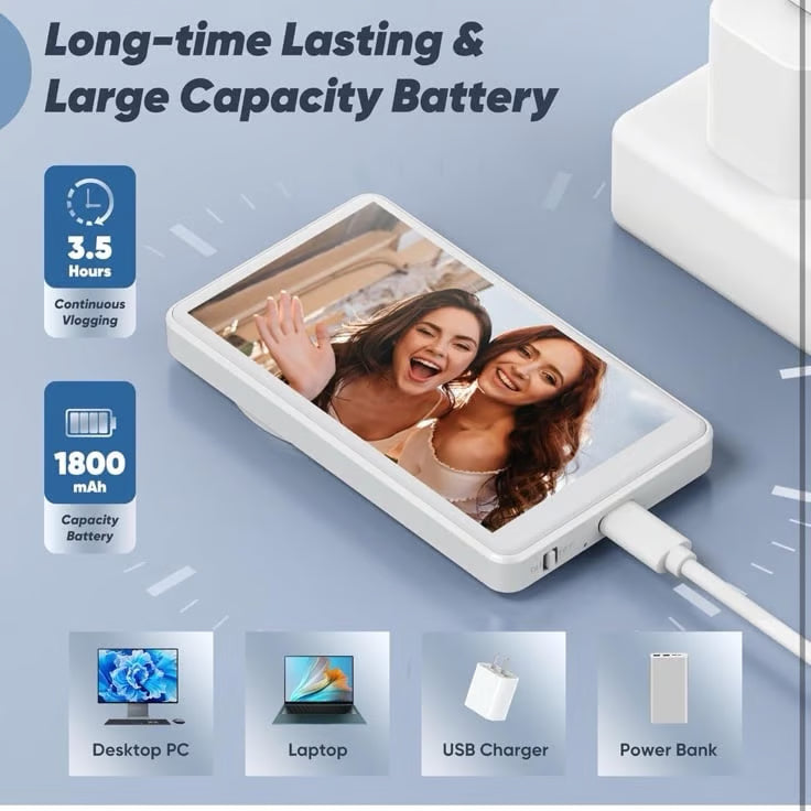 Camoo: Magnetic Wireless Selfie Monitor Screen & Recording Display, Rear Camera Preview Screen with 1080P Wireless Recording for iPhone & Android, Vlogging, TikTok & Live Streaming