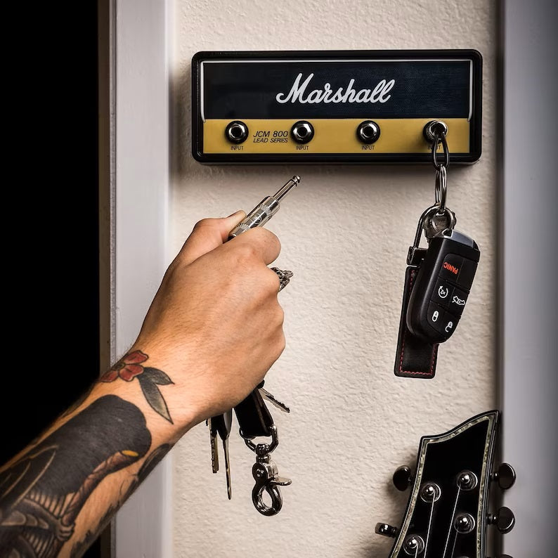 JackRack: Marshall-Style Wall Mounted Key Holder with 4 Guitar Amp Plug Keychains for Home & Studio Décor