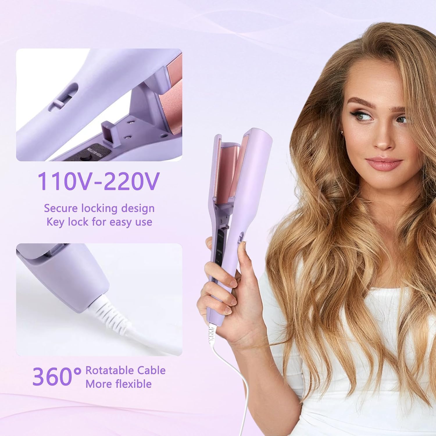 WavePro: 32mm Wave Barrel Curling Iron with Ionic Technology, 4 Temp Settings & Ceramic Hair Crimper for Deep Waves