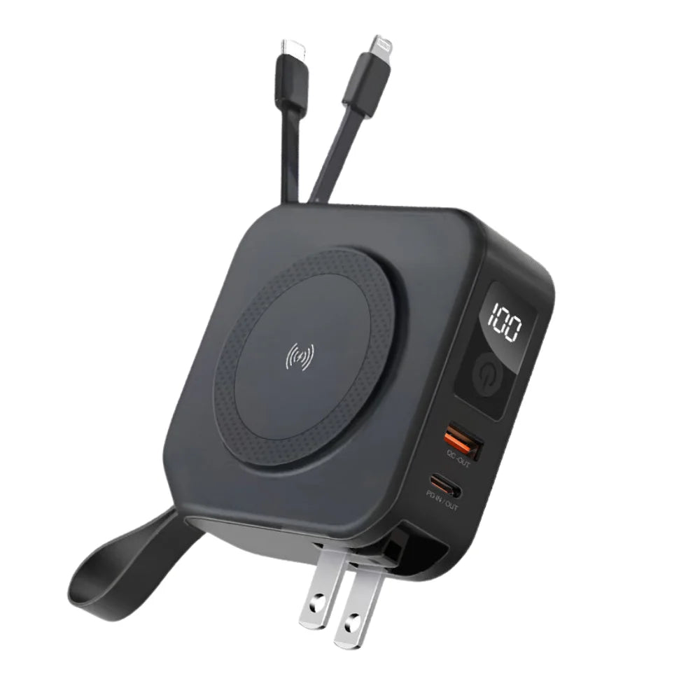 Voyager: Premium All-in-One MagSafe LiPo Power Bank with PD, Built-in Cables & Outlet Prongs for Ultimate Charging Convenience